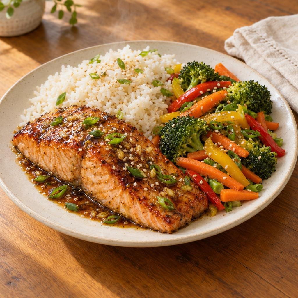 Soy and Ginger Baked Salmon with Rice and Vegetables