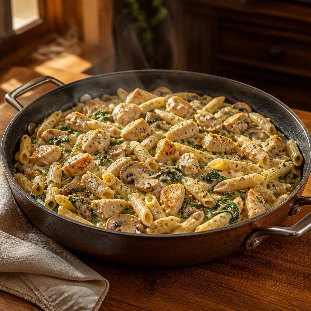 Creamy One-Pot Chicken, Mushroom and Spinach Pasta