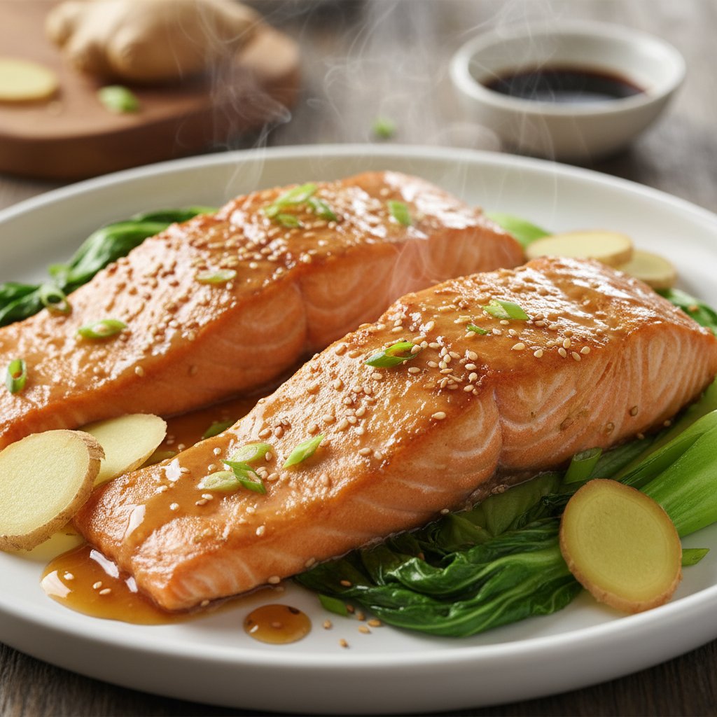 Soy and Ginger Baked Salmon with Rice and Vegetables
